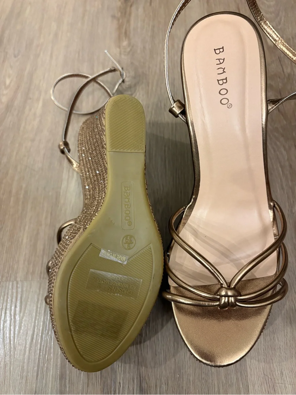 Metallic Gold Wedge Sandals with Ankle Strap